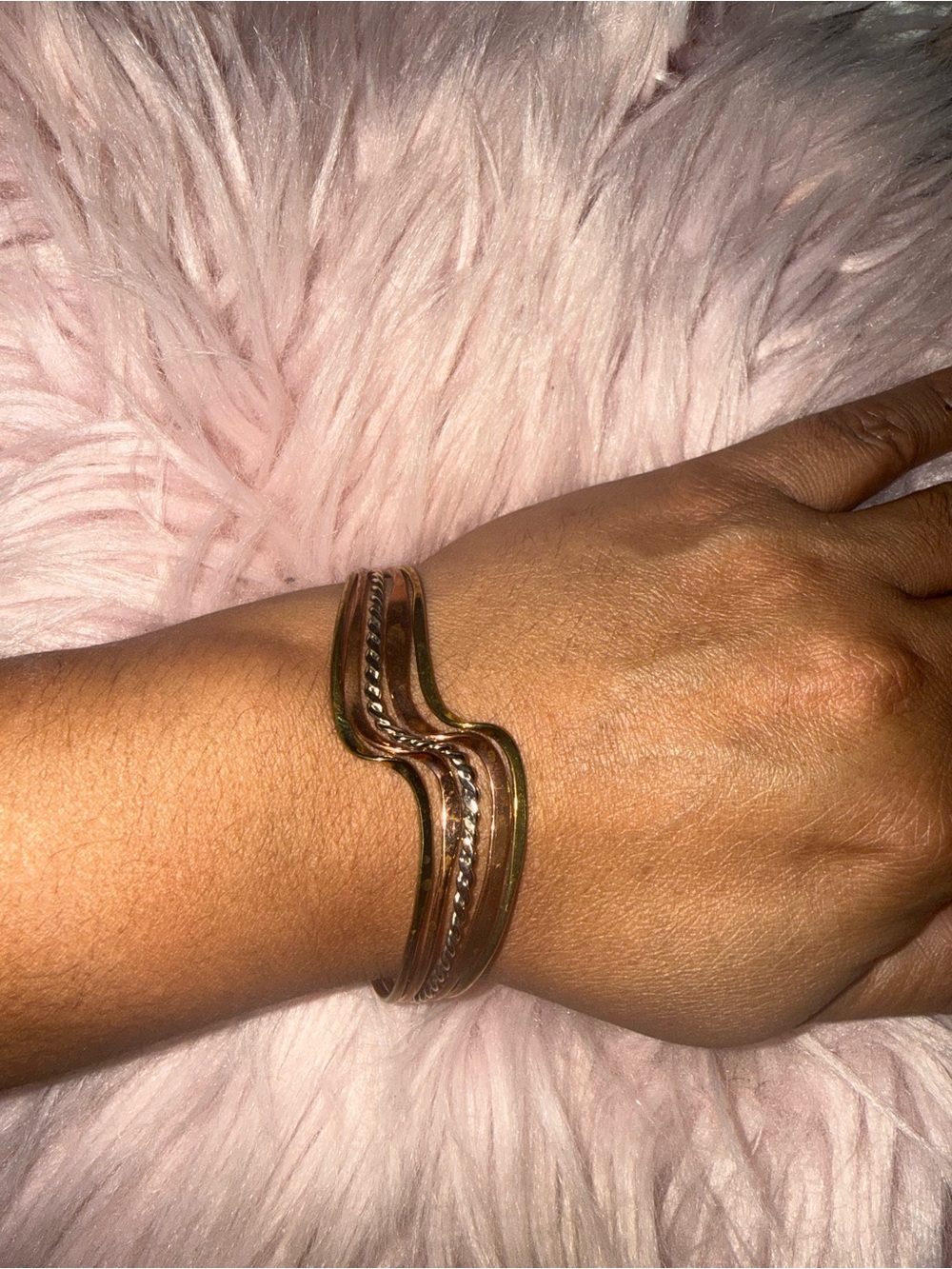 Three tone  copper ,silver , gold .Elegant Curved Chain Accent Bangle Bracelet